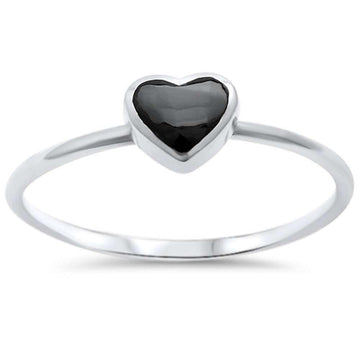 Petite Dainty Solitaire Heart Ring Heart Promise Ring Simulated Black Onyx 925 Sterling Silver